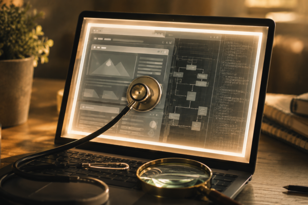 Stéthoscope posé sur l'écran d'un ordinateur affichant la structure d'un site web, avec une loupe, illustrant les points à analyser dans un audit SEO