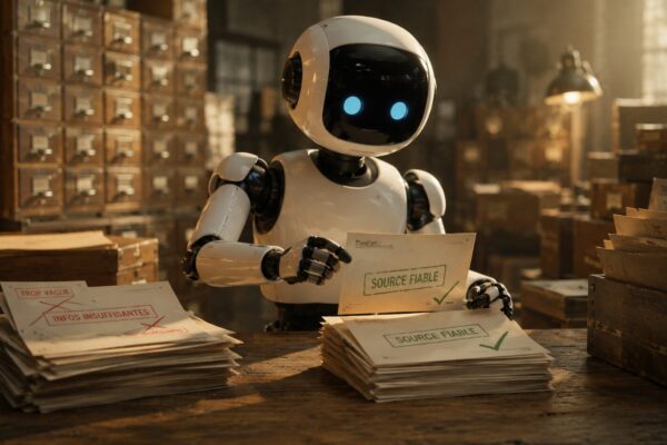 Robot bienveillant triant des fiches, retenant celles tamponnées « source fiable » et écartant celles raturées en rouge, illustrant la façon dont les IA choisissent leurs sources