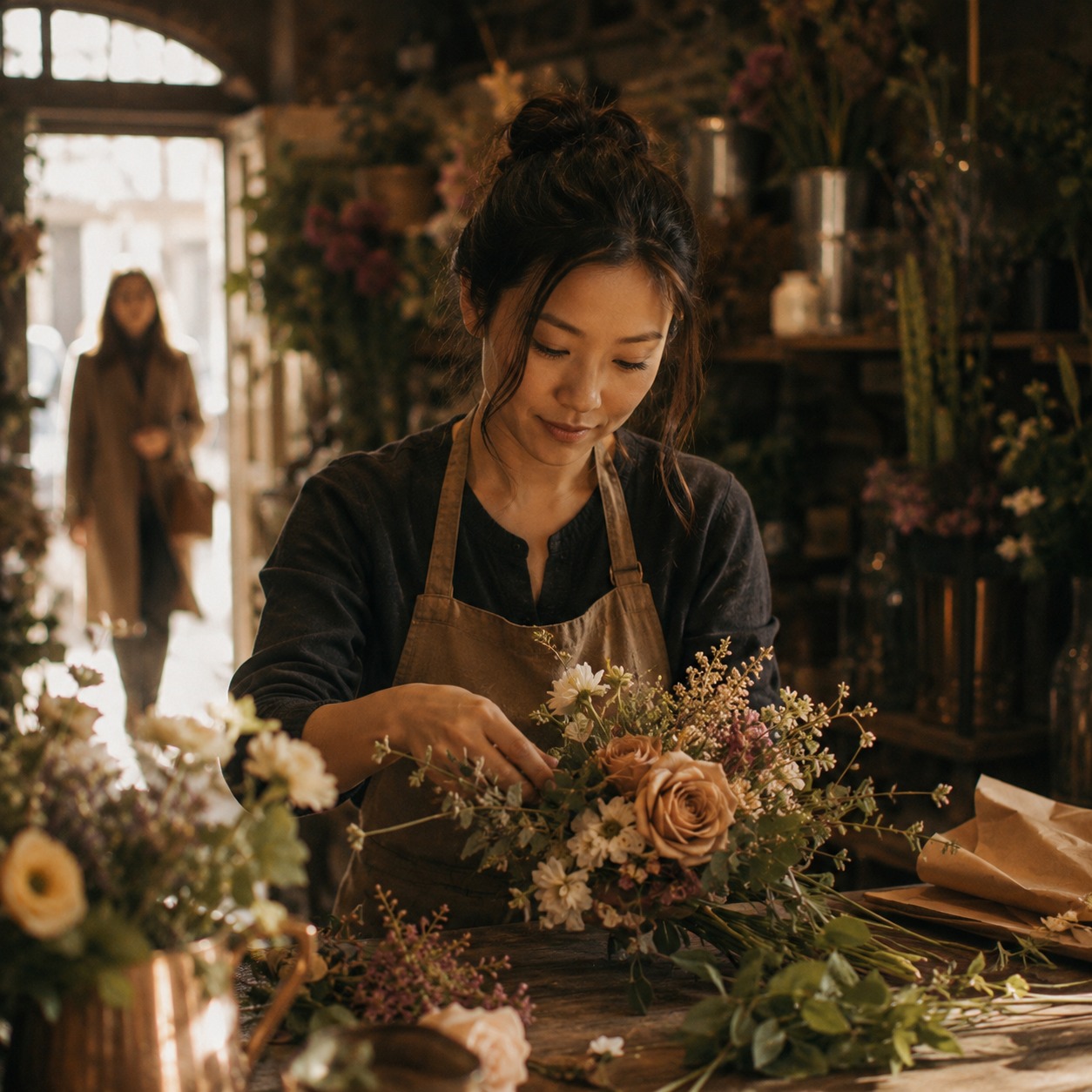 Fleuriste au travail dans sa boutique avec une cliente en arrière-plan, illustrant le référencement naturel pour attirer de nouveaux clients