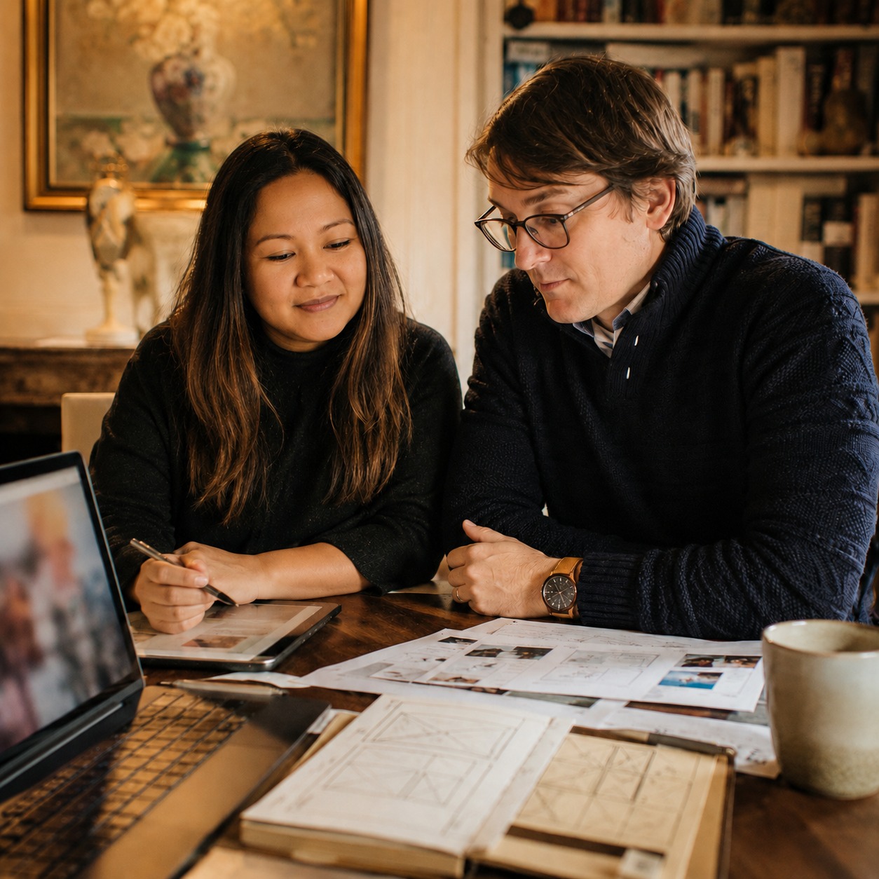 Deux personnes d'une agence web consultant ensemble des projets sur un ordinateur dans une lumière chaude, illustrant les réalisations de TALAKY Studio en création, SEO et visibilité IA