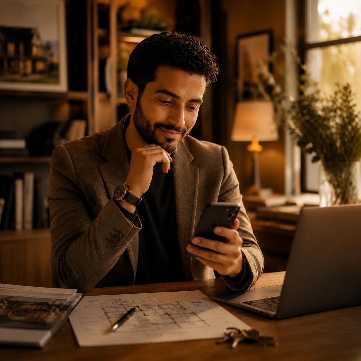 Dirigeant consultant son smartphone à son bureau dans une lumière dorée, illustrant le référencement IA pour rendre son entreprise compréhensible et citée par les moteurs d'IA