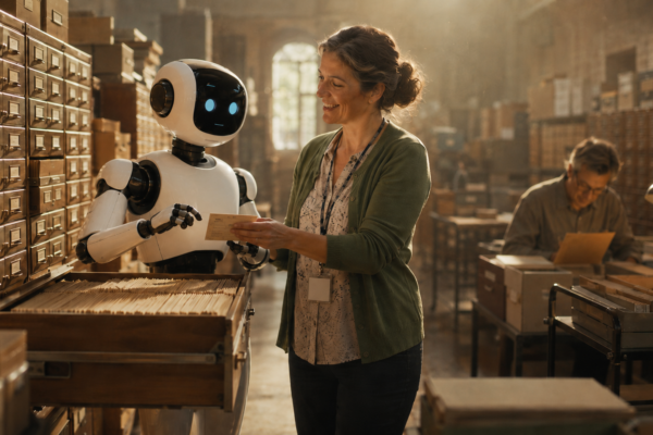 Robot bienveillant aidant une archiviste à classer des fiches dans un meuble à tiroirs, illustrant le rôle complémentaire de l'IA dans l'organisation de l'information
