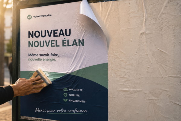Affiche publicitaire neuve et soignée collée par-dessus une ancienne affiche défraîchie, dans une lumière chaude, illustrant la refonte d'un site web