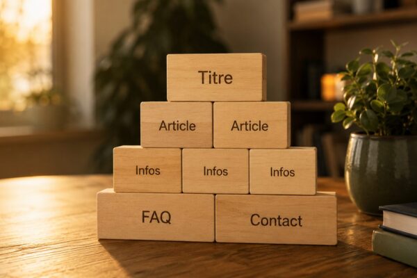 Blocs de bois étiquetés (Titre, Article, Infos, FAQ, Contact) empilés en une structure claire et hiérarchisée, illustrant un site web bien structuré pour être compris par les IA