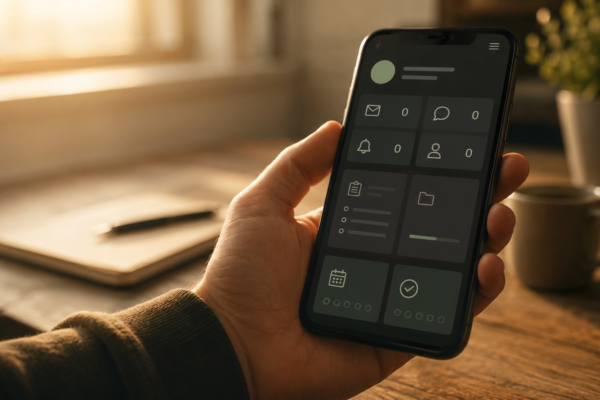 Smartphone affichant un tableau de bord avec des compteurs à zéro, dans une lumière chaude, illustrant un site web qui ne génère pas de contacts