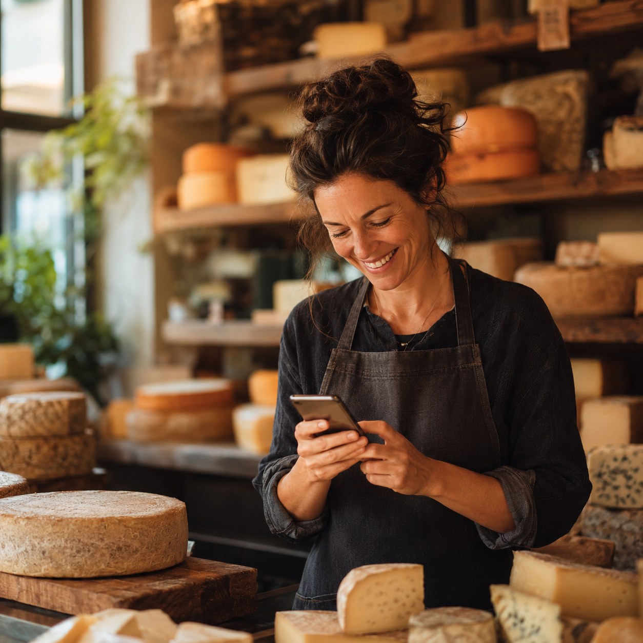 Fromagère consultant son smartphone dans sa boutique à la lumière dorée, illustrant le suivi de la visibilité sur Google.