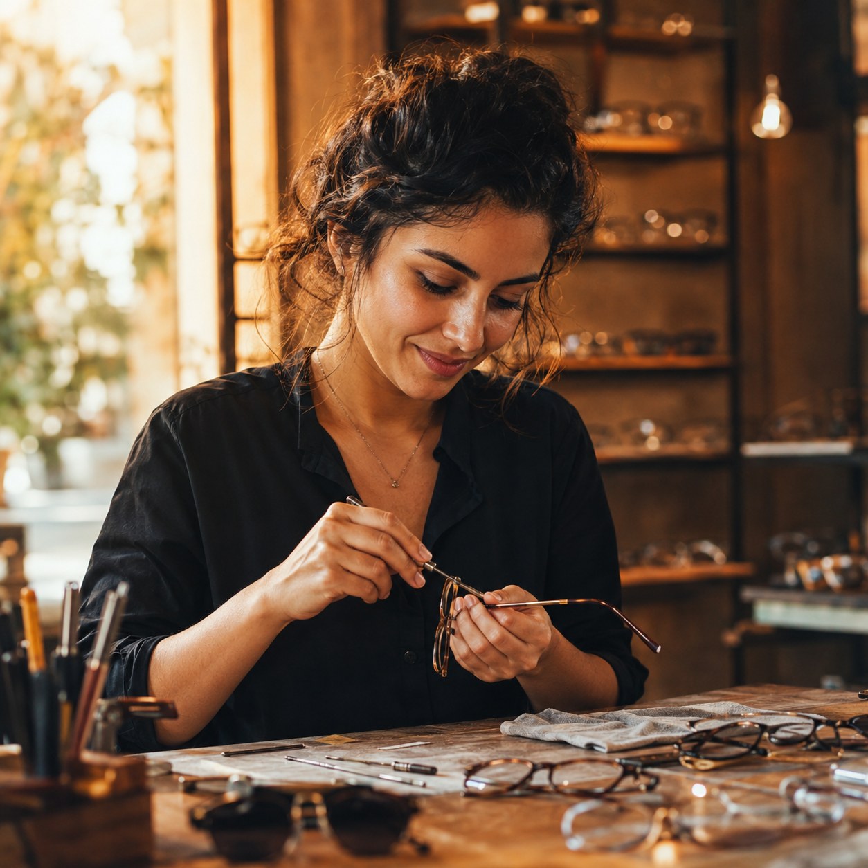 Opticienne réglant une monture de lunettes à son établi dans une lumière chaude, illustrant l'optimisation du contenu pour le référencement dans l'IA