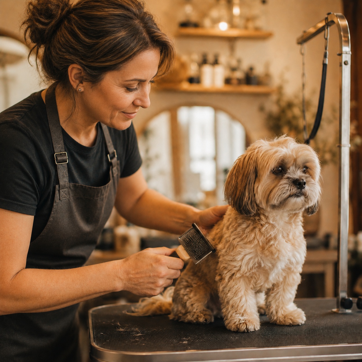 Toiletteuse brossant un petit chien dans son salon à la lumière chaude, illustrant la création de site vitrine pour les commerces de proximité
