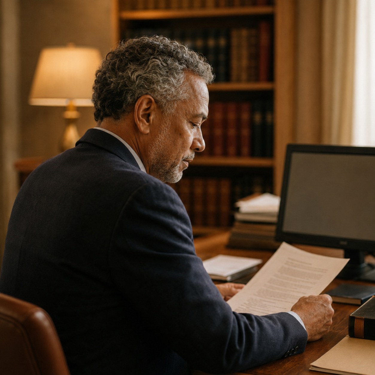 Professionnel relisant attentivement un document écrit à son bureau dans une lumière chaude, illustrant la rédaction SEO de contenus soignés et optimisés
