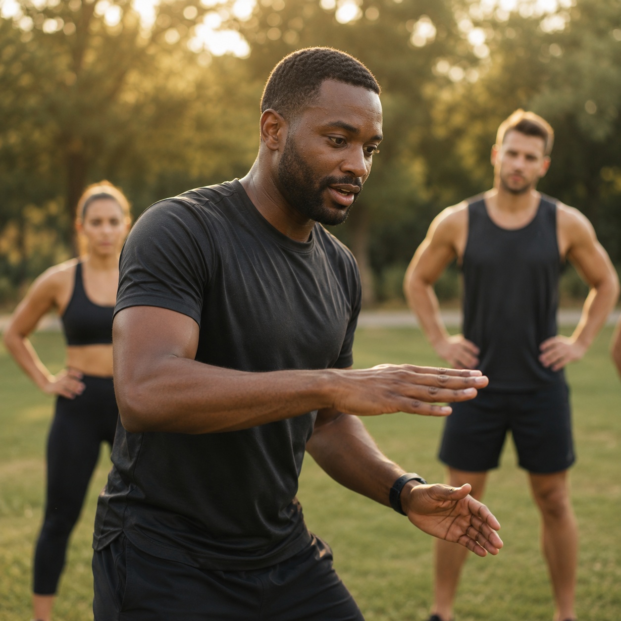 Coach sportif accompagnant un client à l'effort dans une lumière dorée, illustrant la refonte de site internet comme une remise en forme de votre présence en ligne