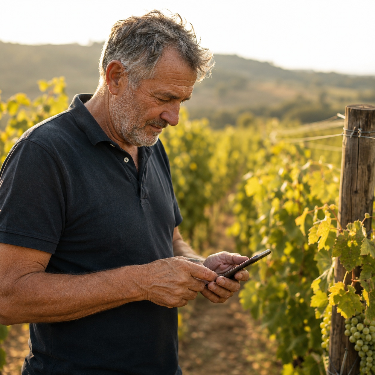 Vigneron consultant son smartphone dans ses vignes au coucher du soleil, illustrant le SEO pour l'IA afin d'être visible dans les moteurs de recherche IA