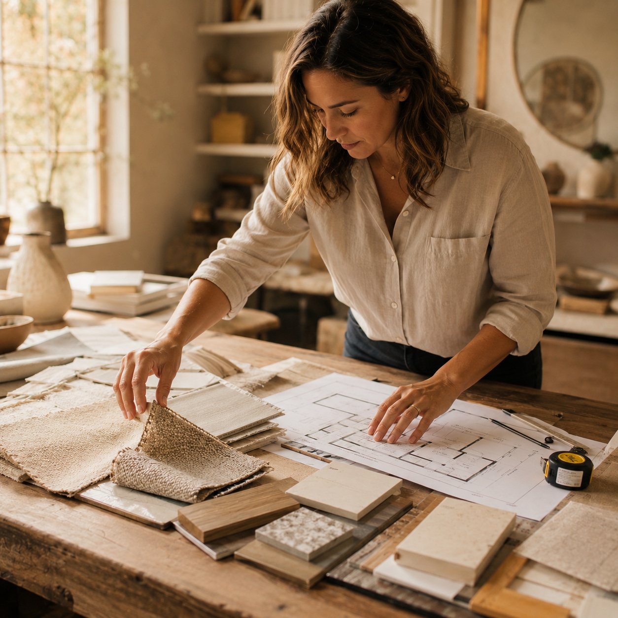 Professionnelle étudiant un plan et des matériaux dans un atelier lumineux, illustrant la stratégie SEO pour construire un plan d'action clair