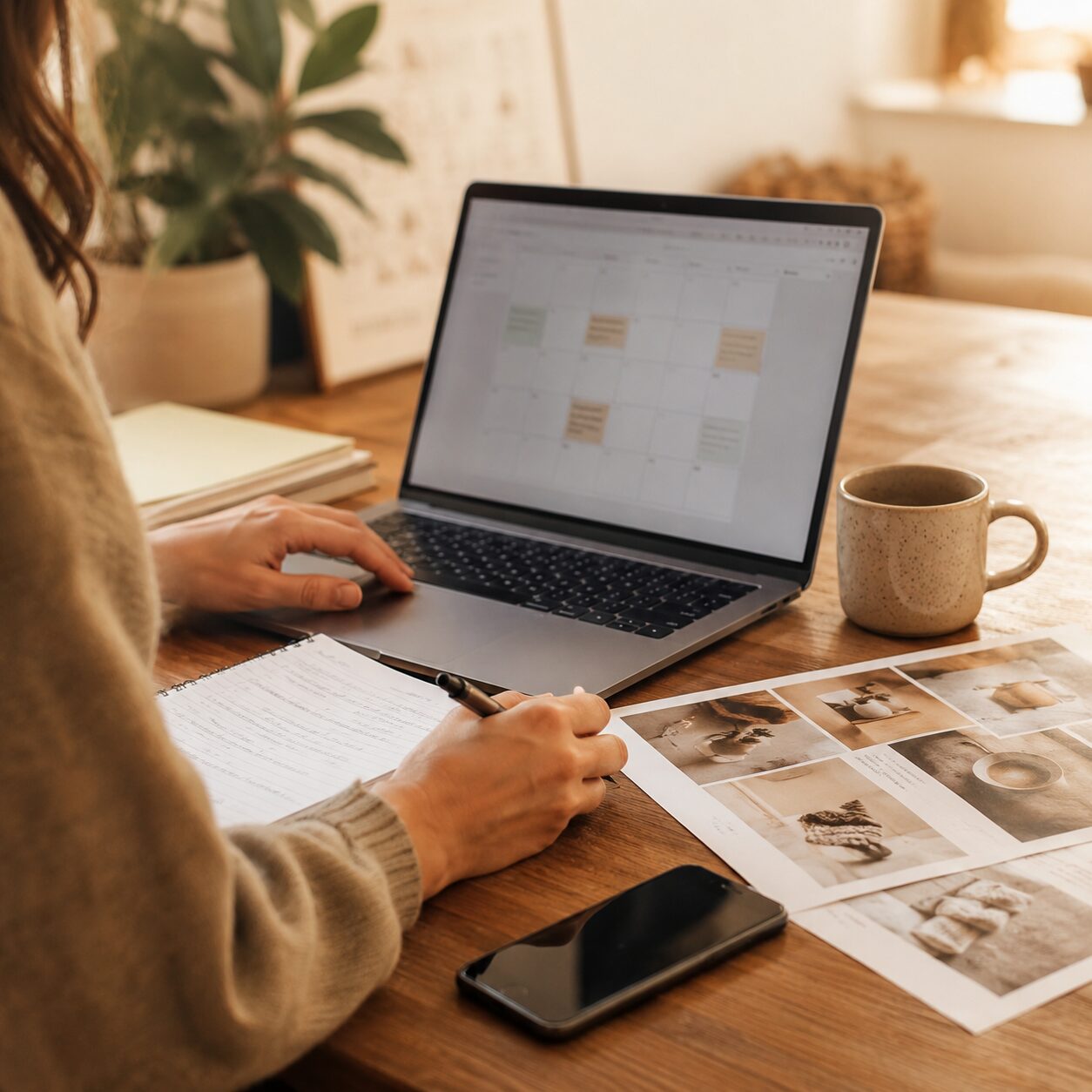 Personne préparant un calendrier éditorial sur un ordinateur portable, carnet de notes et visuels de publications imprimés posés sur un bureau en bois dans une lumière chaude, illustrant la gestion des réseaux sociaux en entreprise